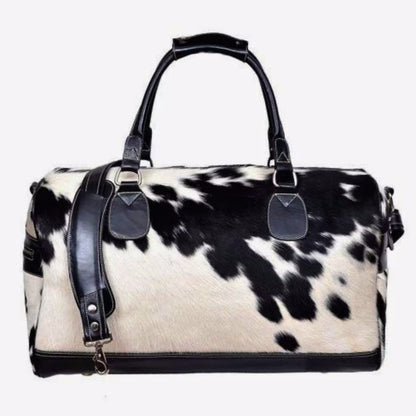 COW Hair On Weekend Real Cowhide Leather Large Black Duffle Travel Bag for Men's