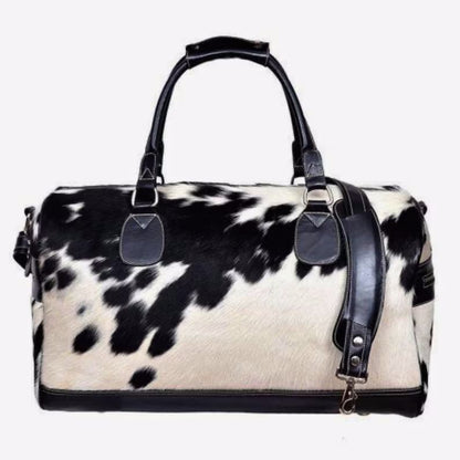 COW Hair On Weekend Real Cowhide Leather Large Black Duffle Travel Bag for Men's