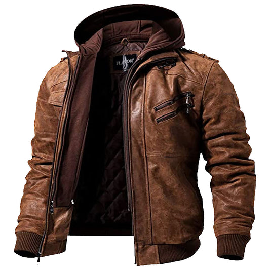 Men Motorcycle Brown Leather Jacket, Hood is Removable