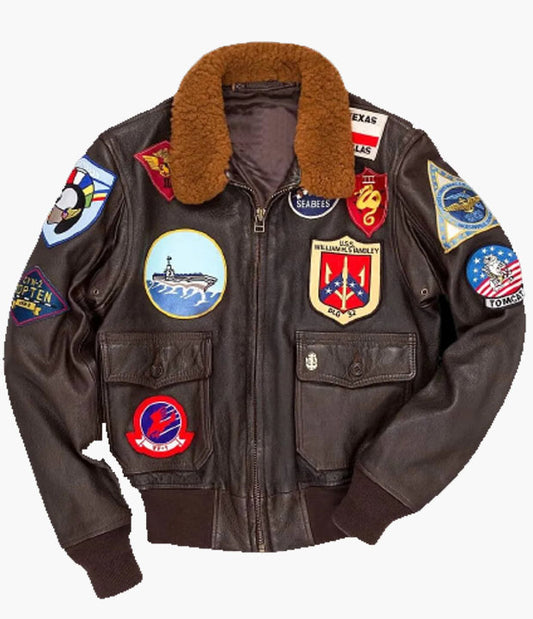 TOP GUN Tom Cruise Multiple Patches Genuine Leather Jacket Men – Pilot Fur Collar Bomber Leather Jacket