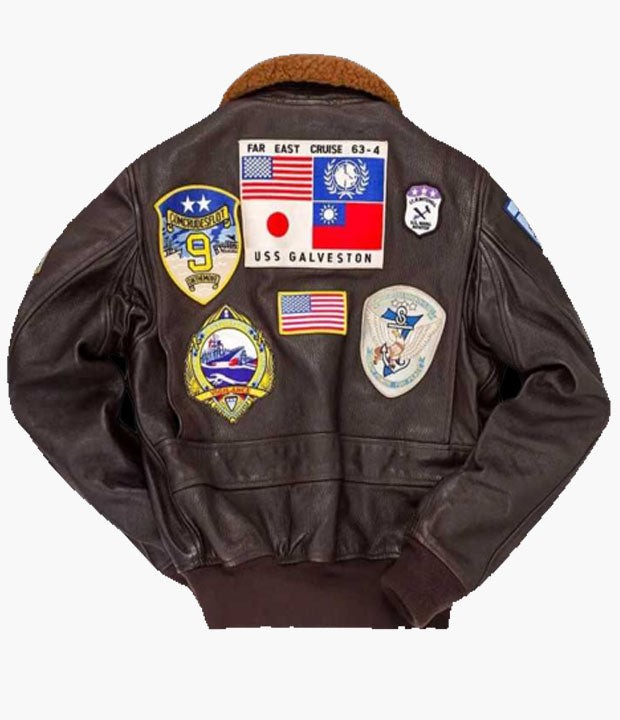 TOP GUN Tom Cruise Multiple Patches Genuine Leather Jacket Men – Pilot Fur Collar Bomber Leather Jacket