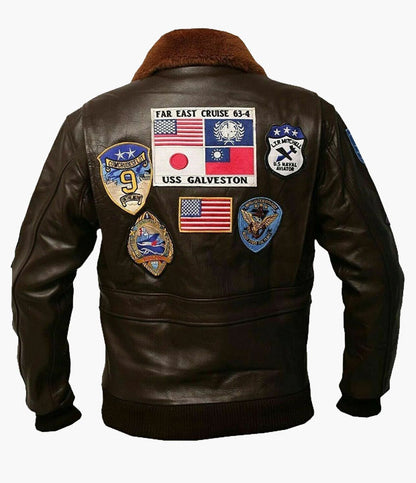 TOP GUN Tom Cruise Multiple Patches Genuine Leather Jacket Men – Pilot Fur Collar Bomber Leather Jacket