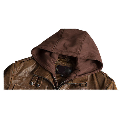 Men Motorcycle Brown Leather Jacket, Hood is Removable