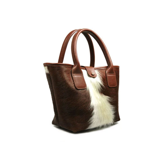 Women cowhide bag brown white leather handbag