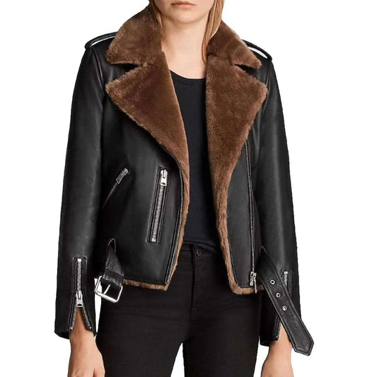 B3 Aviator Shearling Black Leather Jacket | Women's Black Leather Jackets