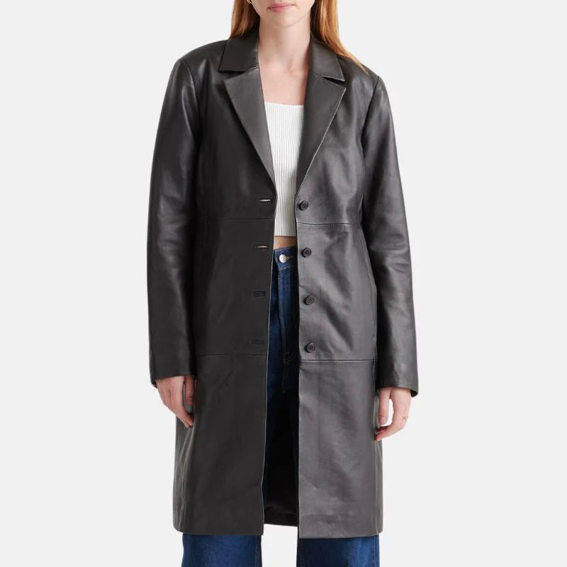 Women's Black Long Leather Trench Coat| Leather Jacket Coat Women's