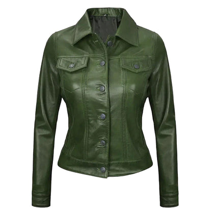 Green Leather Trucker Jacket Women's | Women's Leather Trucker Jacket