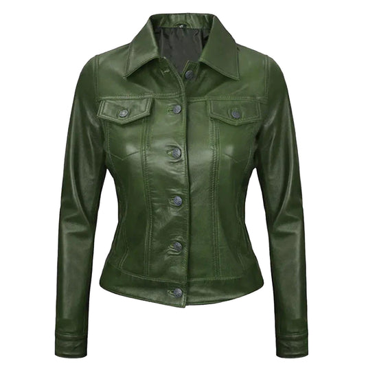 Green Leather Trucker Jacket Women's | Women's Leather Trucker Jacket