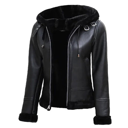 Women's Black Leather Hooded Leather Jacket | Hooded Shearling Leather Jacket