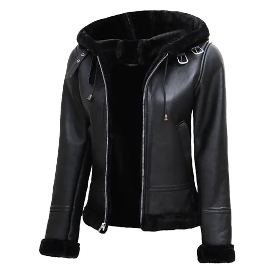 Women's Black Leather Hooded Leather Jacket | Hooded Shearling Leather Jacket
