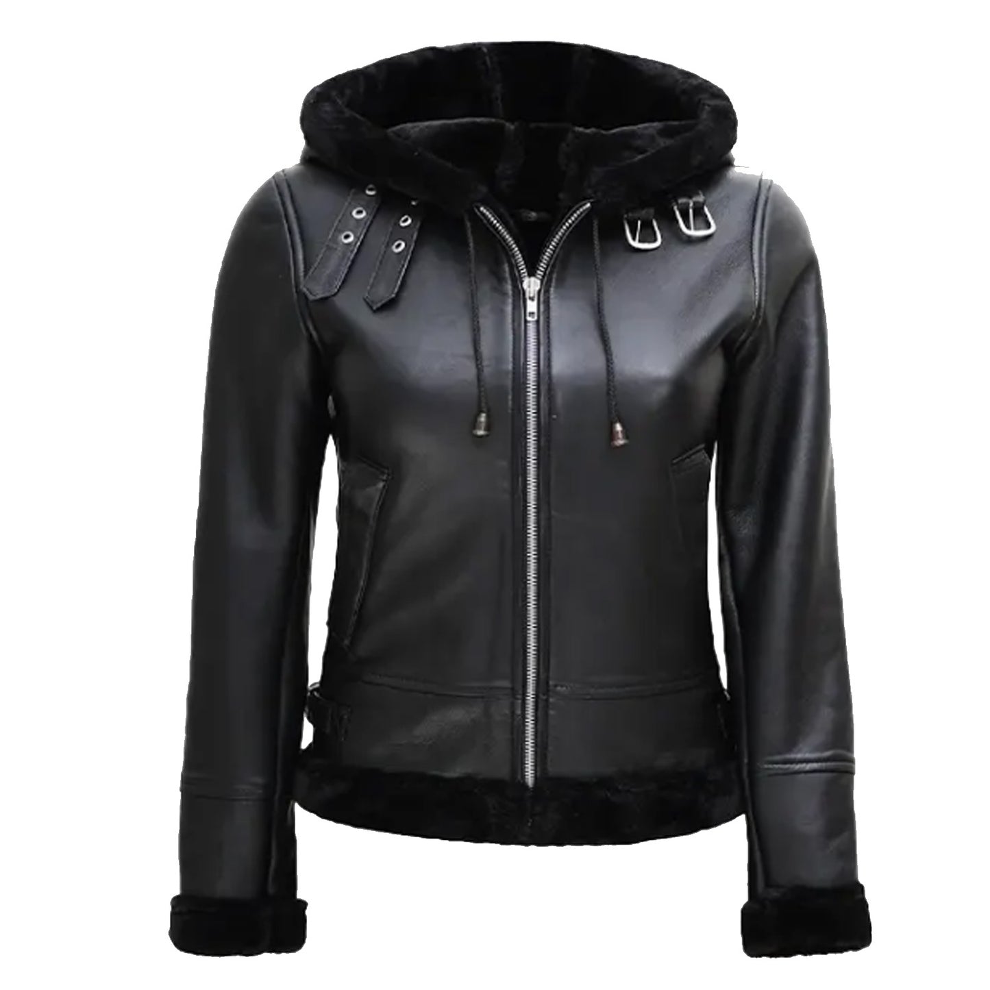 Women's Black Leather Hooded Leather Jacket | Hooded Shearling Leather Jacket