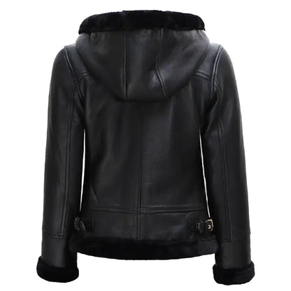 Women's Black Leather Hooded Leather Jacket | Hooded Shearling Leather Jacket