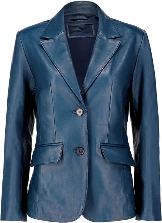 2-Button Lambskin Leather - Casual Coat Long Sleeves Suit Style Leather Jacket Women