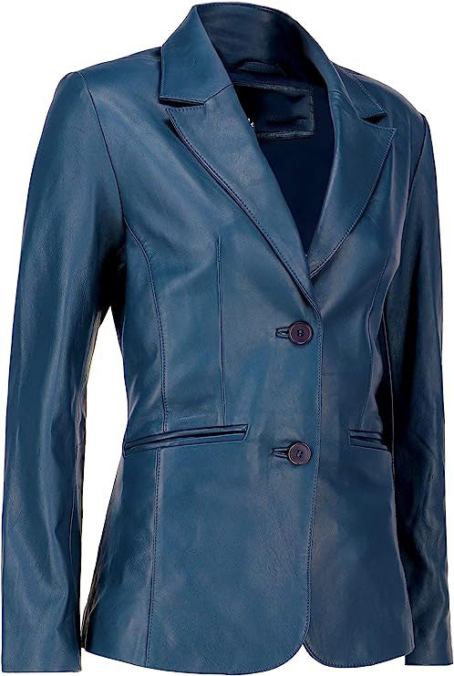 2-Button Lambskin Leather - Casual Coat Long Sleeves Suit Style Leather Jacket Women