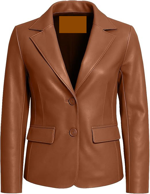 Leather Blazer Women Lambskin - Leather Jacket with Long Sleeve, Flap Pockets, Notched Lapel Premium Women's