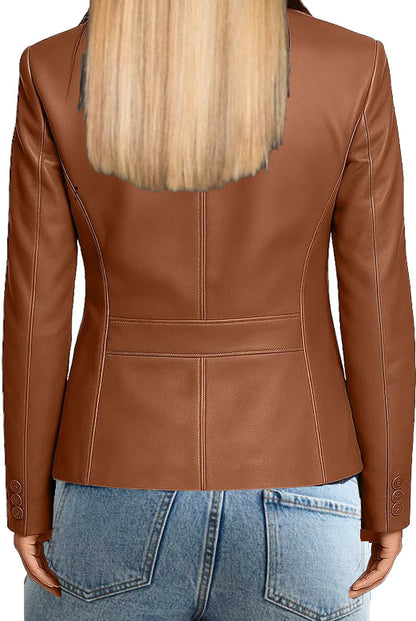 Leather Blazer Women Lambskin - Leather Jacket with Long Sleeve, Flap Pockets, Notched Lapel Premium Women's