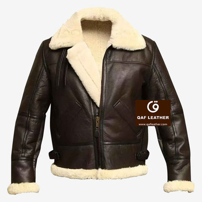 Mens Genuine Sheepskin Fur Jacket Raf Aviator Brown Leather Jacket