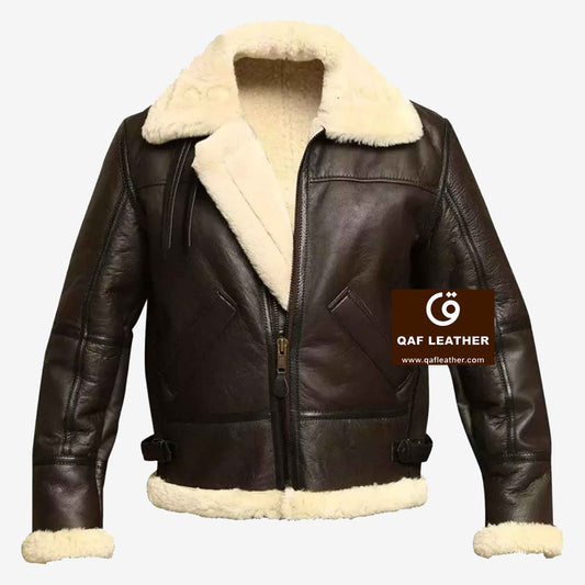Mens Genuine Sheepskin Fur Jacket Raf Aviator Brown Leather Jacket