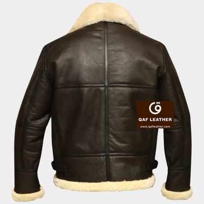 Mens Genuine Sheepskin Fur Jacket Raf Aviator Brown Leather Jacket