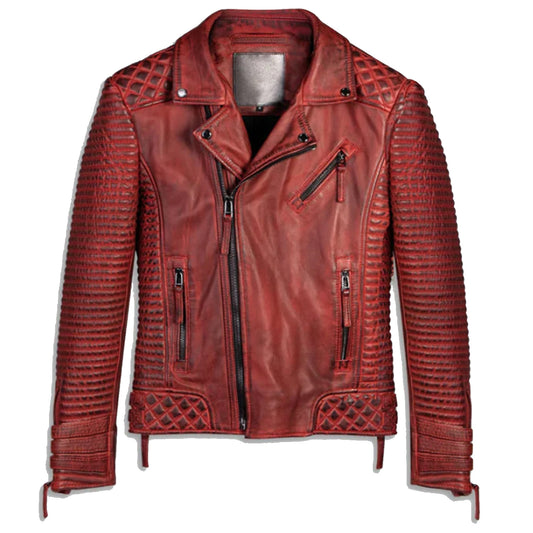 Men's Waxed Biker Red Leather Motorcycle Jacket | Motorcycle Leather Jacket