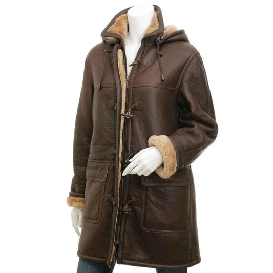 Women's Brown Sheepskin Duffle Coat With Hood | Leather Jacket Coat