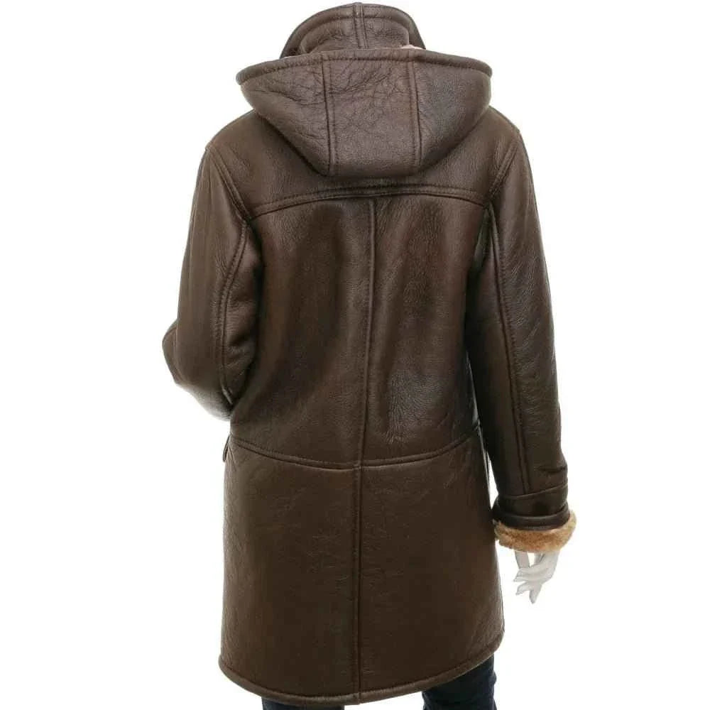 Women's Brown Sheepskin Duffle Coat With Hood | Leather Jacket Coat
