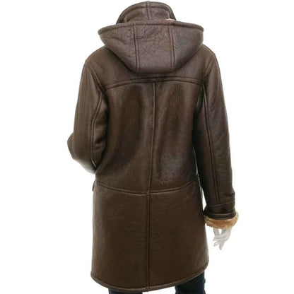 Women's Brown Sheepskin Duffle Coat With Hood | Leather Jacket Coat