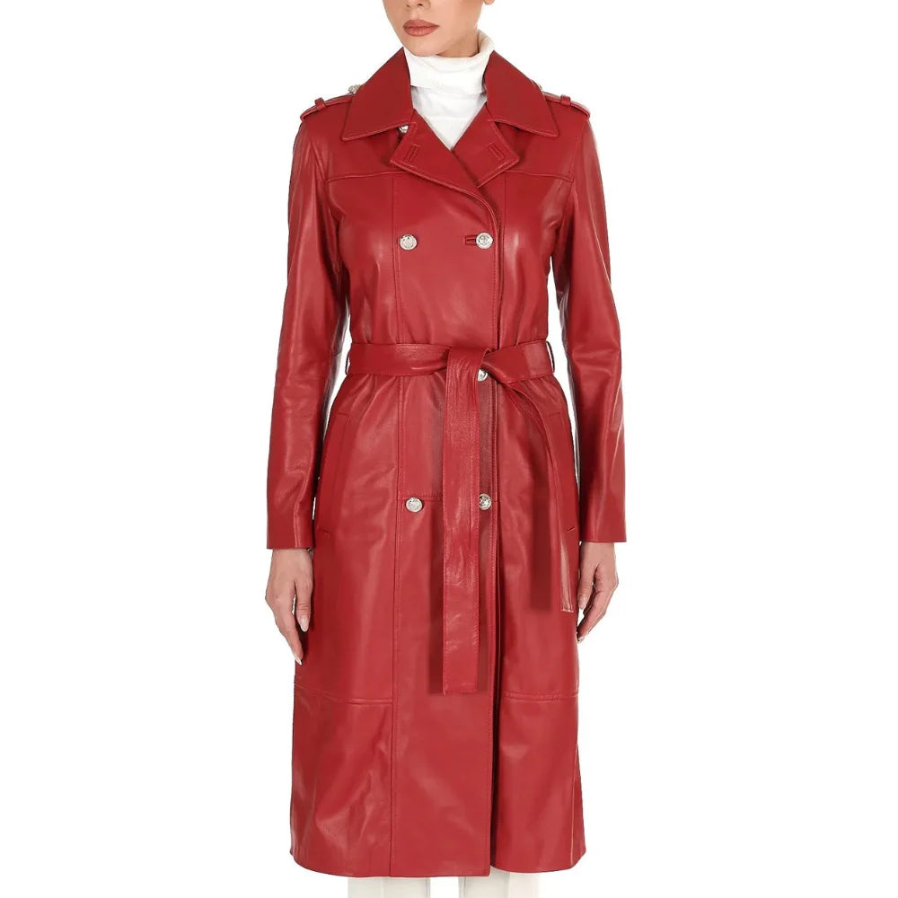 Women's Red Long Leather Coat | Leather Jacket Coat Women's Double Breasted