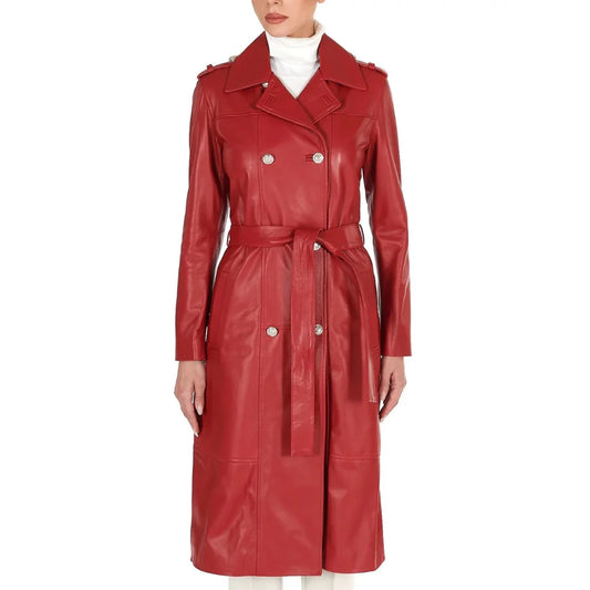 Women's Red Long Leather Coat | Leather Jacket Coat Women's Double Breasted