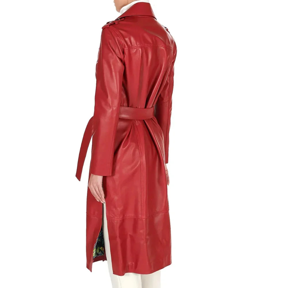 Women's Red Long Leather Coat | Leather Jacket Coat Women's Double Breasted