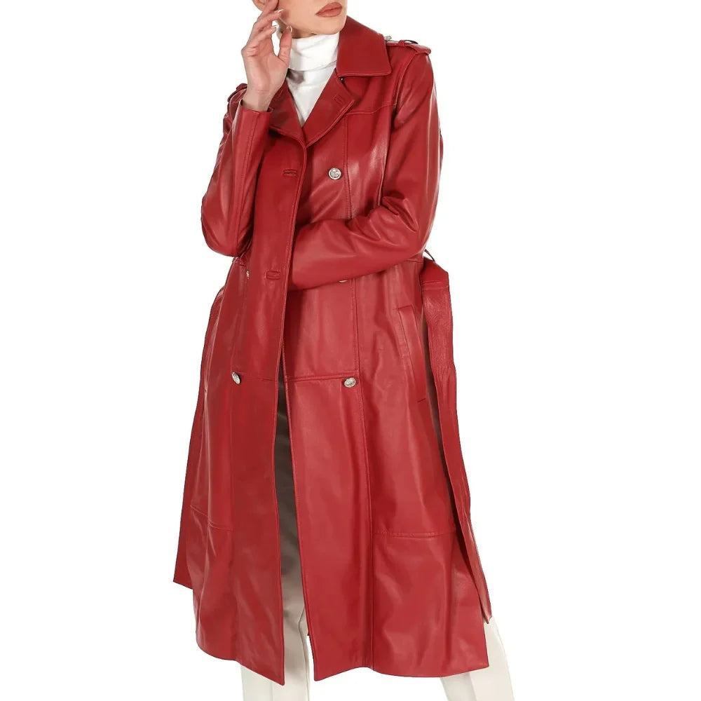Women's Red Long Leather Coat | Leather Jacket Coat Women's Double Breasted