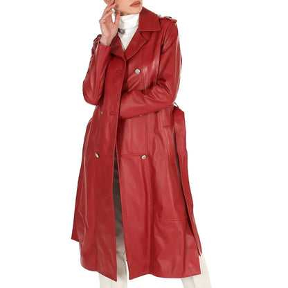Women's Red Long Leather Coat | Leather Jacket Coat Women's Double Breasted